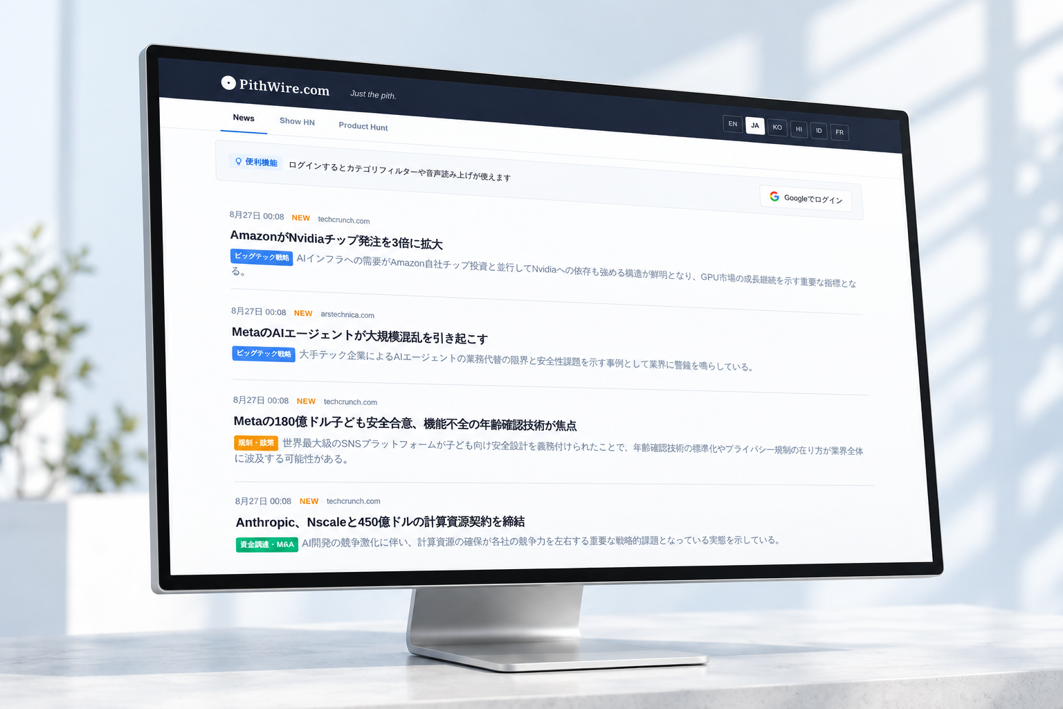 自然光の差す空間でPithWireのニュース画面を表示したモニター